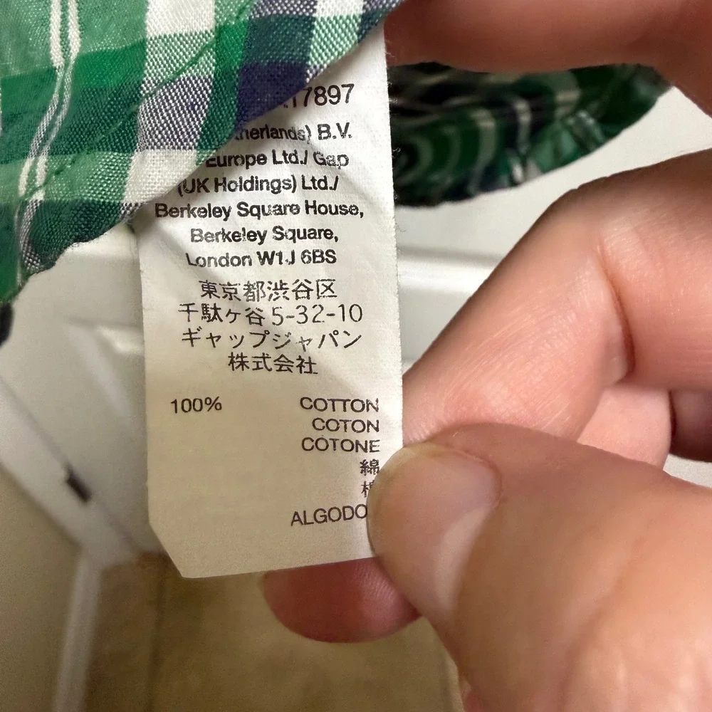GapKids Boys XS Green Navy White Plaid Long‎ Sleeve Button Down Cotton Shirt